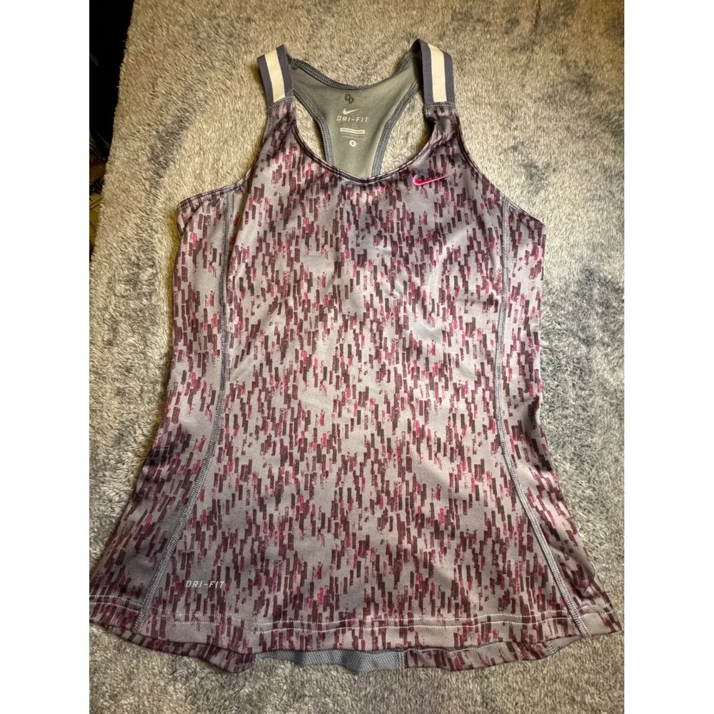 Nike Dri-FIT Womens Racerback Tank Top Grey Pink Abstract Print Built-in Bra S